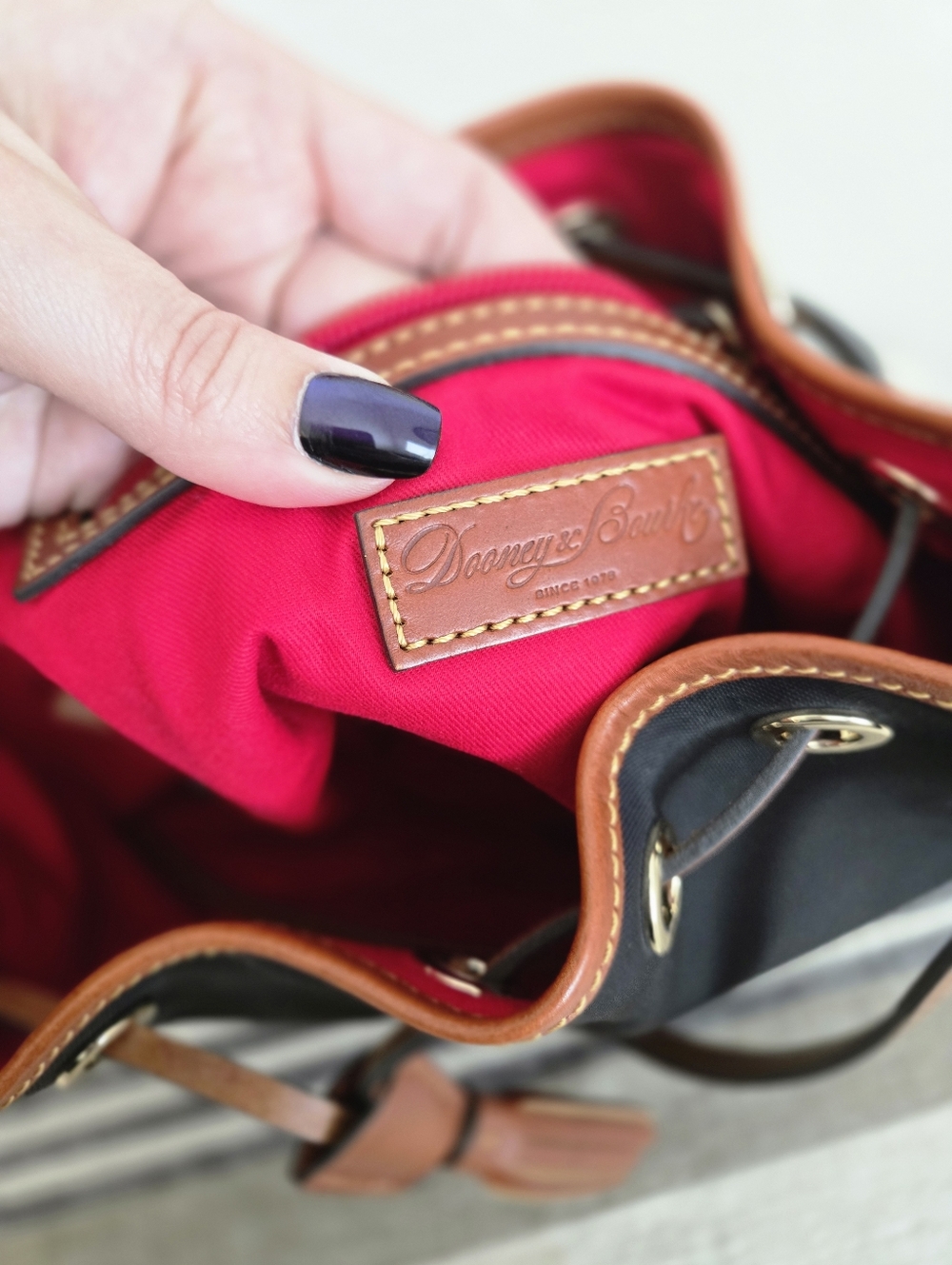 Dooney & Bourke Black Nylon Bucket Bag with Brown Trim and Tassels - Picture 13 of 16
